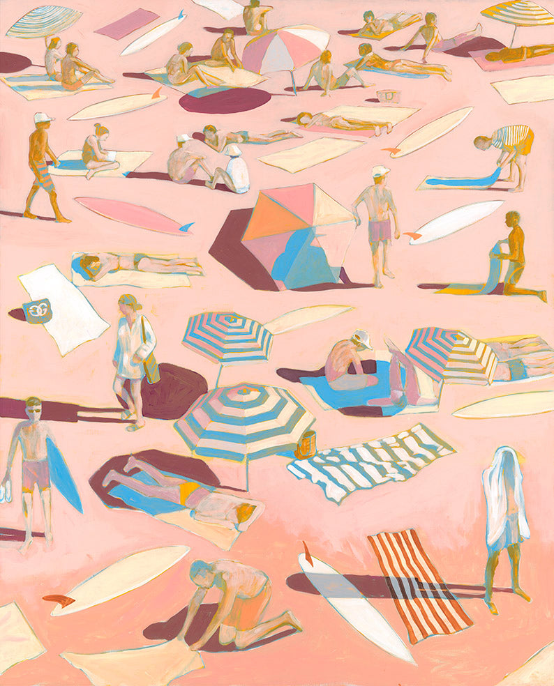Mitch English painting of people at a beach with umbrellas, towels, and surfboards on a pink background