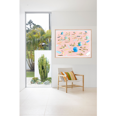 'Heatwave in Soft Pink' is an inviting, joyful work. The soft pink is offset by the electric blue Mitch English uses throughout the piece.