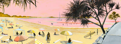'Pink Afternoon, Main Beach' beautifully depicts the joys of an afternoon spent on the beach in Noosa by Mitch English