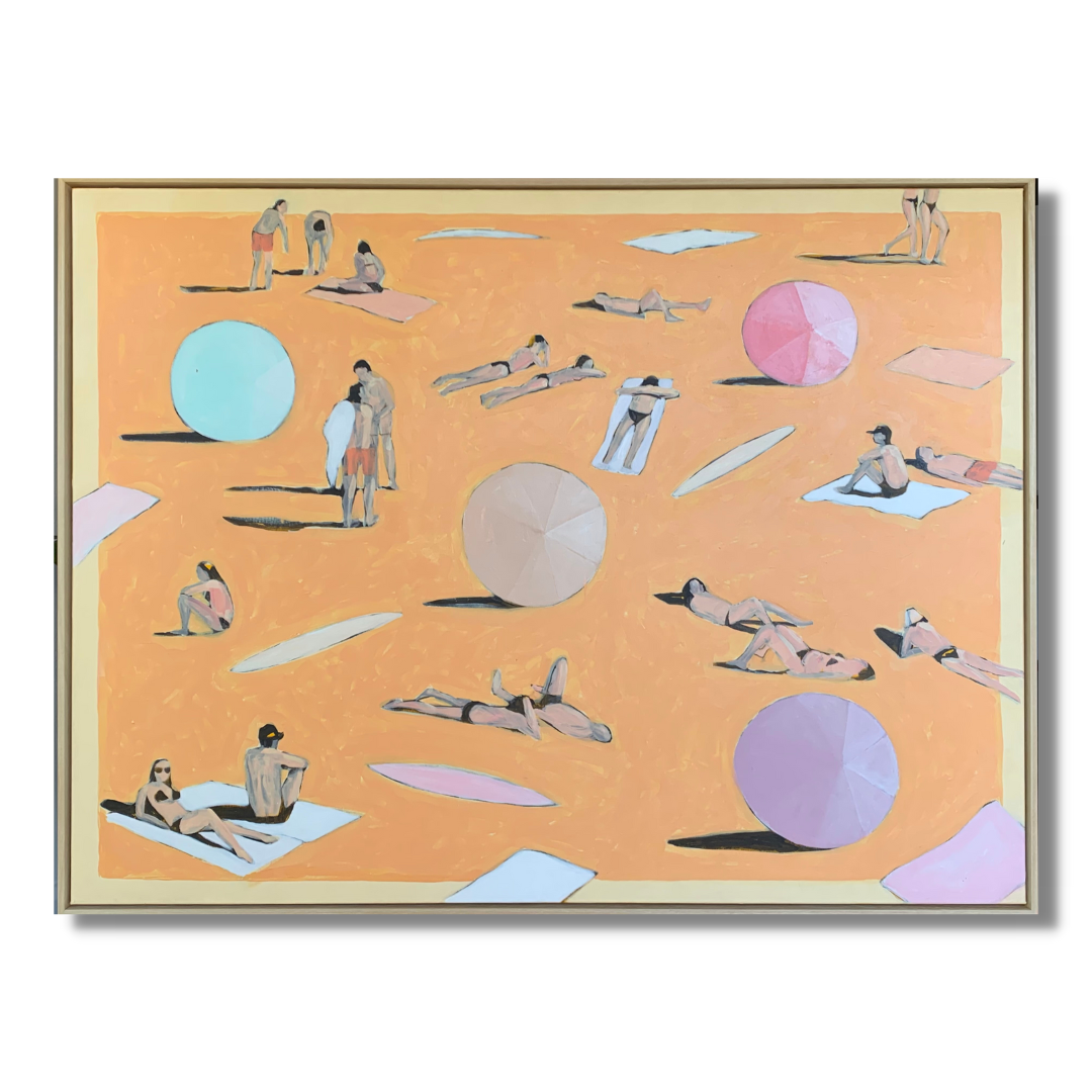 Beach seaside surf art painting. Sunshine Coast artist original art in pastel colours. Pastel painting by Mitchell English in his Heatwave series or works. 