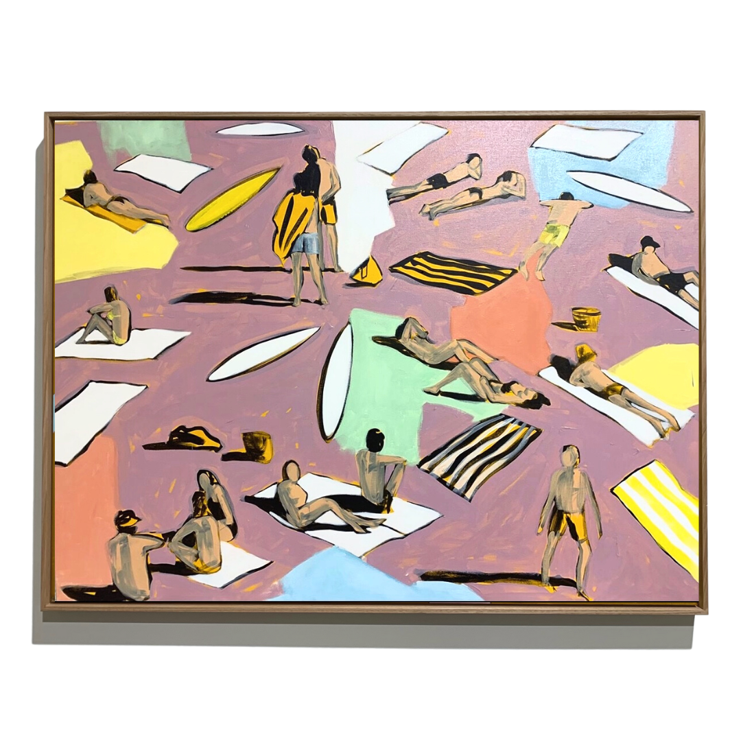 Purple Haze is an original artwork painted by Mitchell English.   With Purple Haze, Mitch gives us a dynamic, graphic beach scene. His choice of vibrant colours in organic organic shapes provide an almost pop element to the work. 