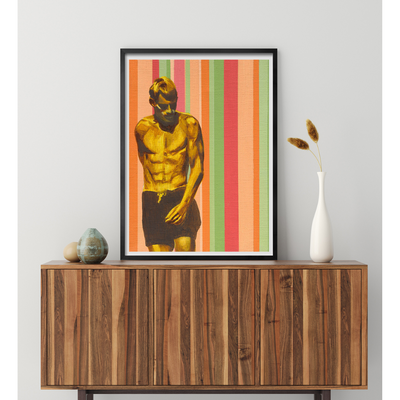 Candy Striped Surfer by Mitchell English, Australian Artist, Surf Art, Noosa artist, Noosaville, Sunshine Coast Queensland painter, Limited Edition Fine Art Print, available in S, M, L,