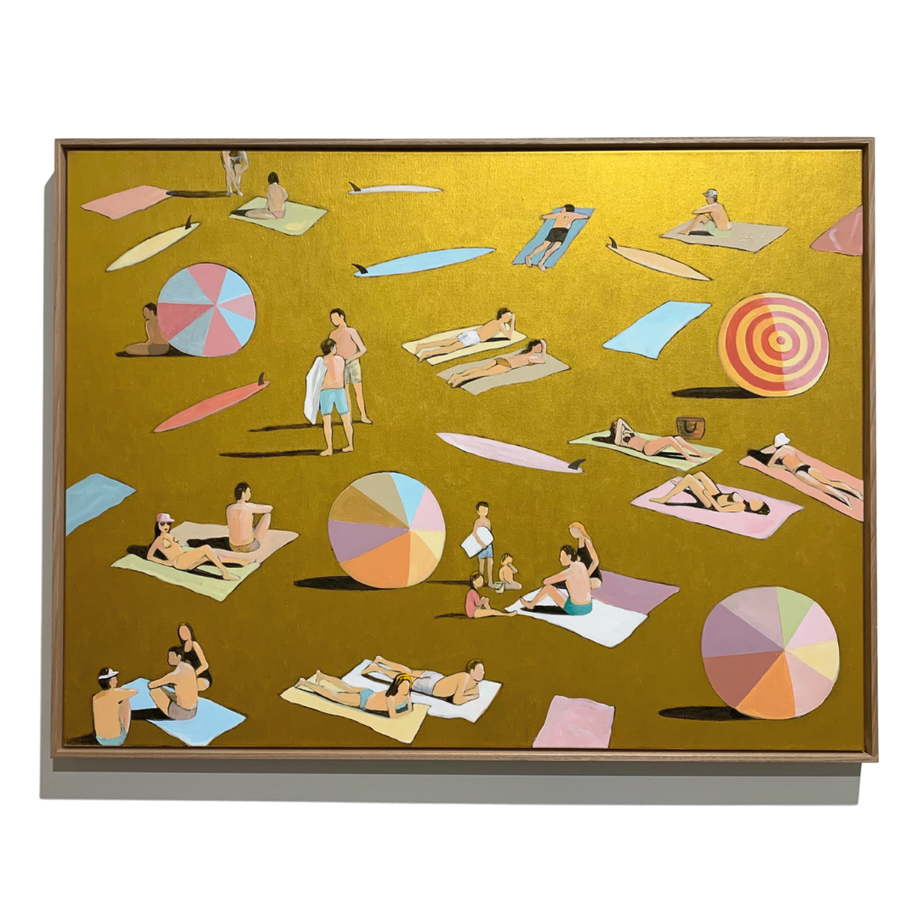 Beach seaside surf art painting. Sunshine Coast artist original art in pastel colours. Metallic Gold painting by Mitchell English in his Heatwave series or works. 